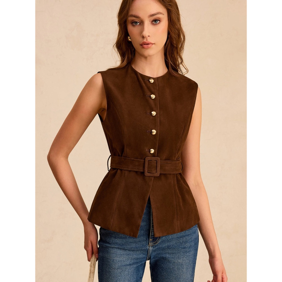Commense Tops - Commense Suede Effect Vest with Belt in Dark Brown